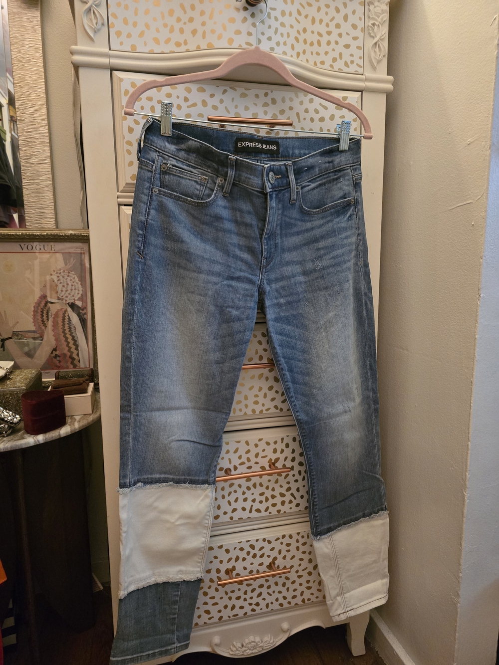 Express Two-Tone Light Blue and White Patch Jeans
